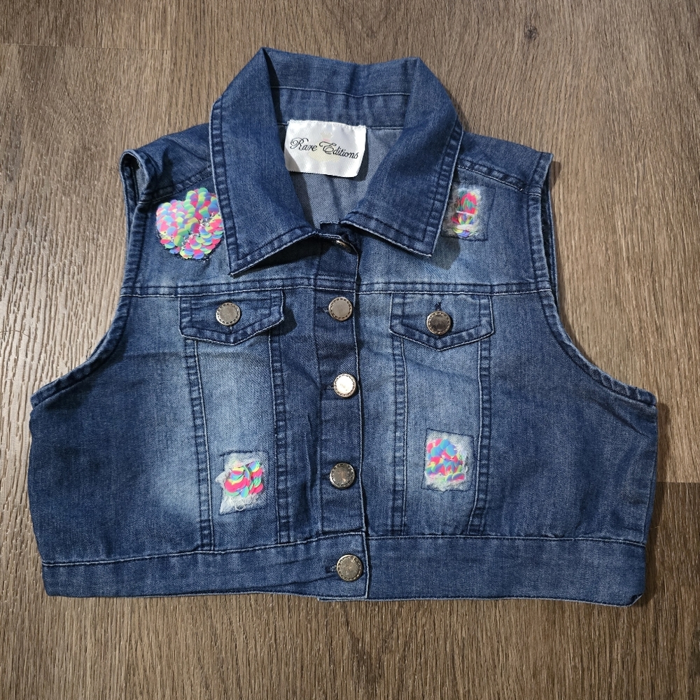 Rare Editions‎ Girl's Distressed Sequin Vest Blue Size 7 Small